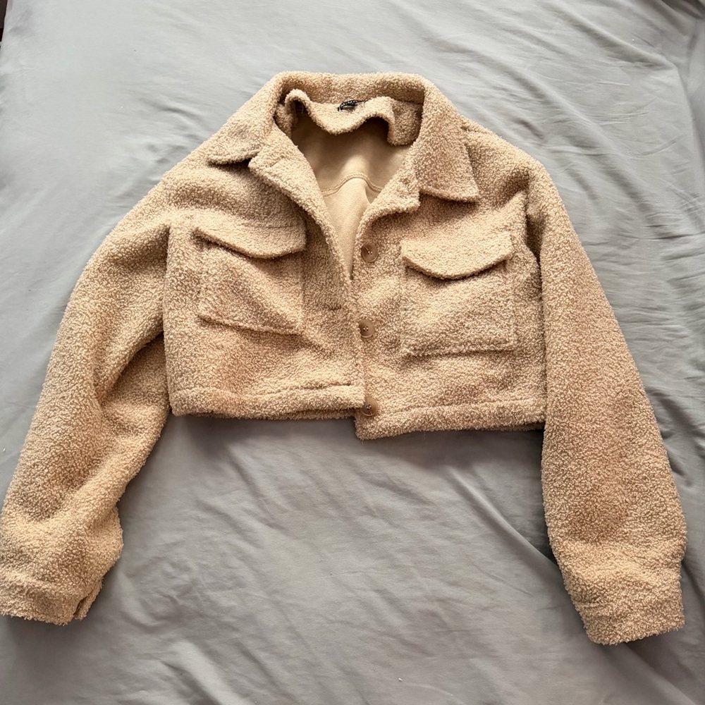 Women's Tan Cropped Sherpa Jacket